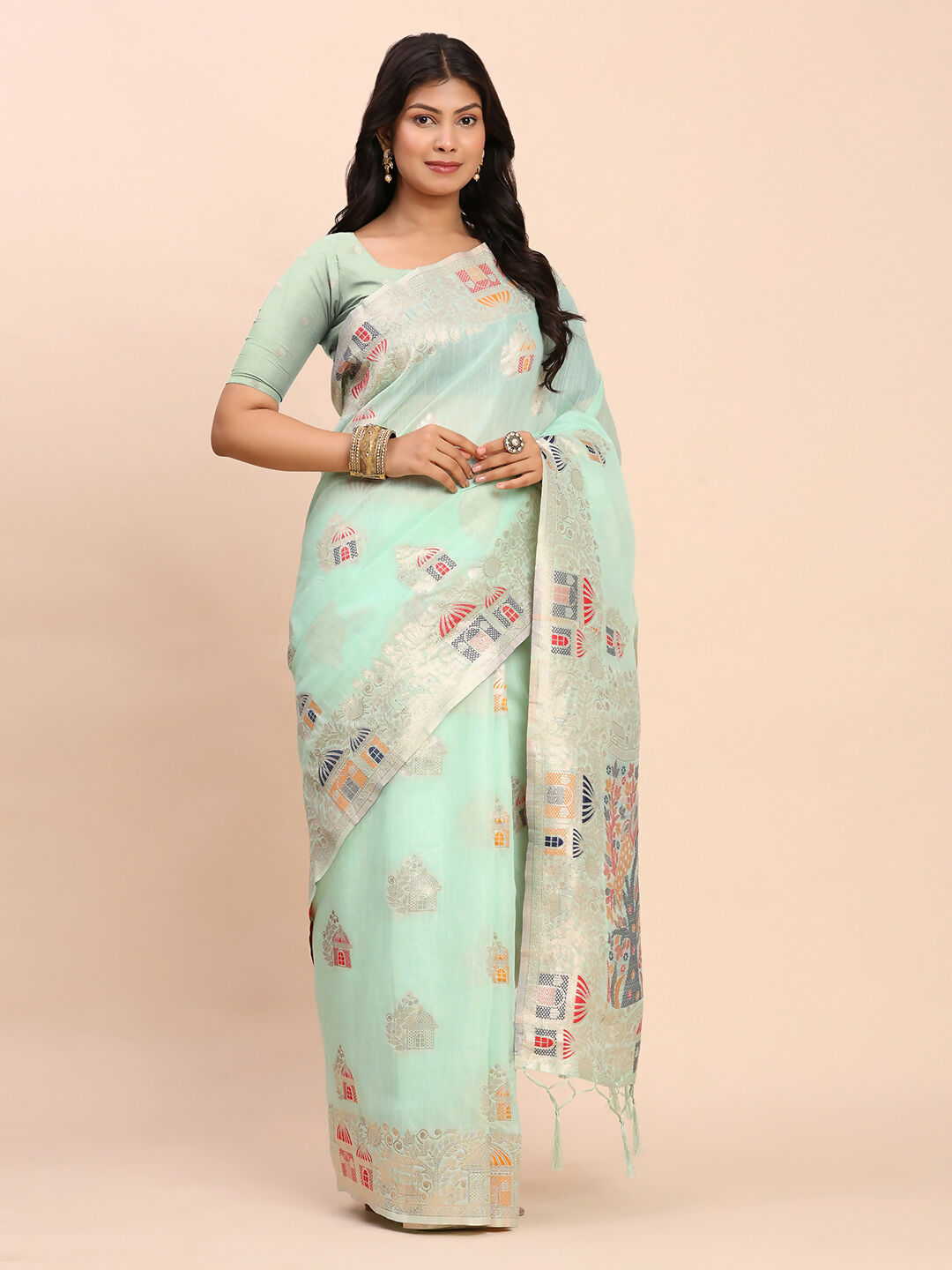 Sea Green Linen Cotton Saree with Matching Blouse Piece