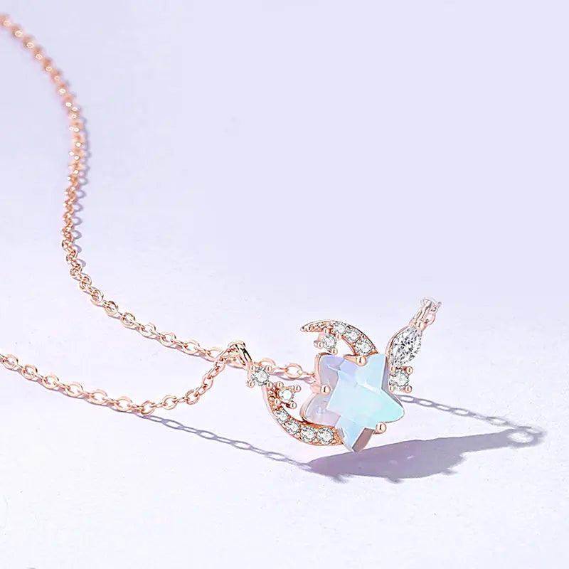 S925 Silver Moon and Flower Pendant Necklace