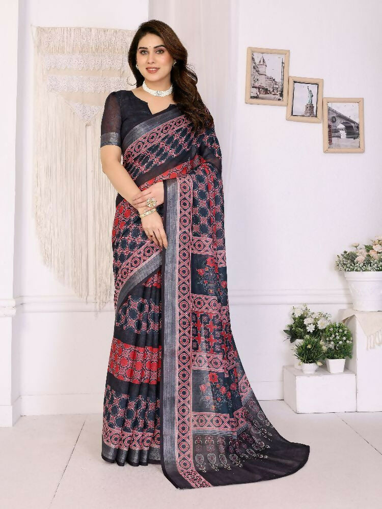 PR Fashion Wine Handloom Linen Cotton Zari Saree