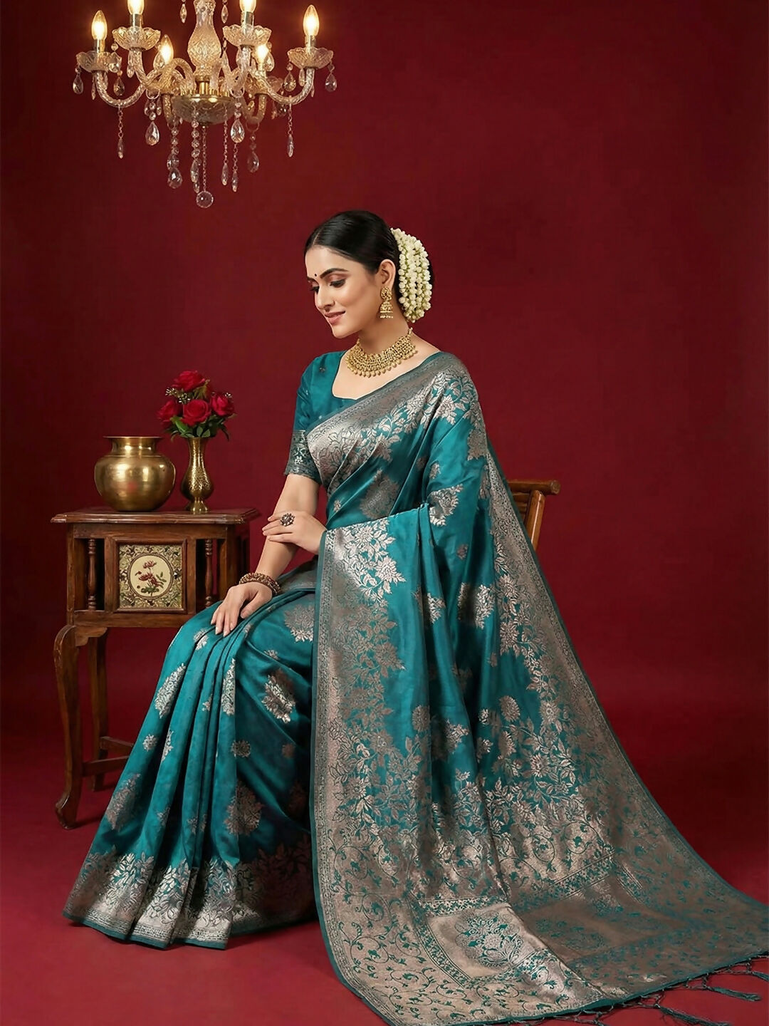Sea Green Silk Blend Saree with Matching Blouse