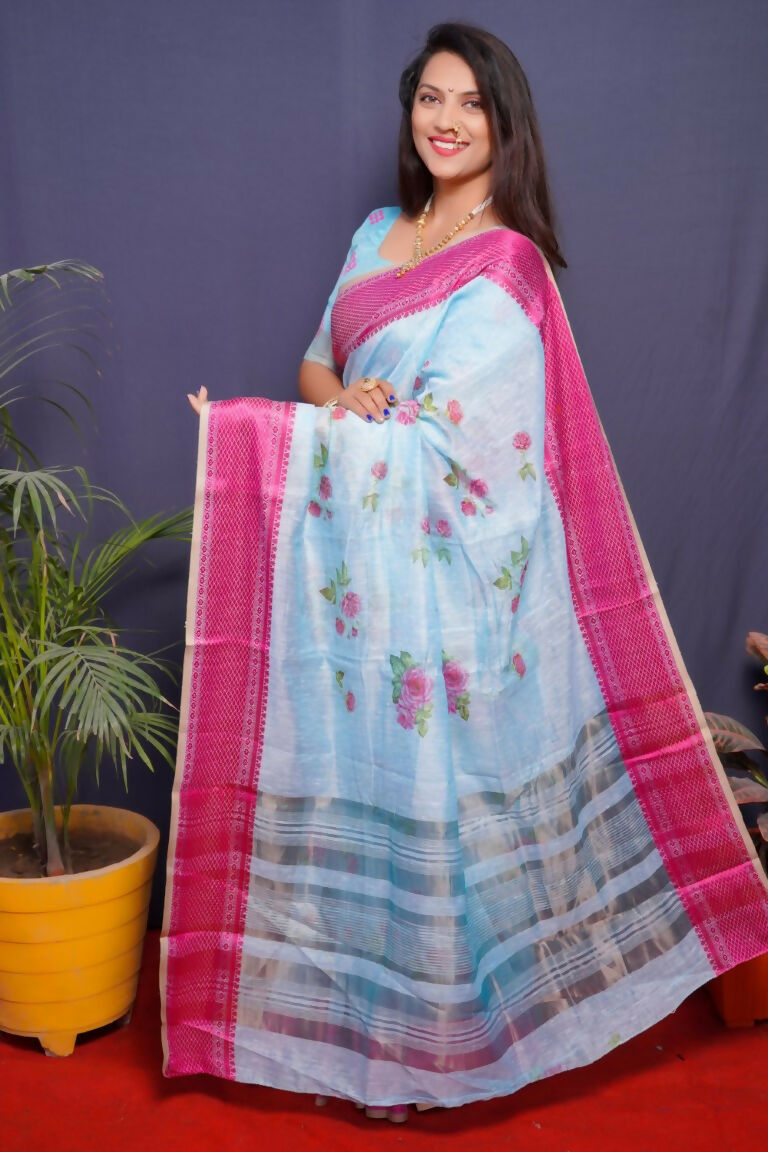 Pink Linen Silk Digital Print Saree with Jacquard Border