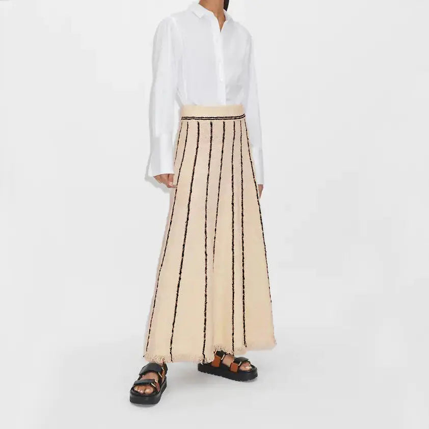 Women's Striped Knit Maxi Skirt with Fringed Hem Details - Image 9