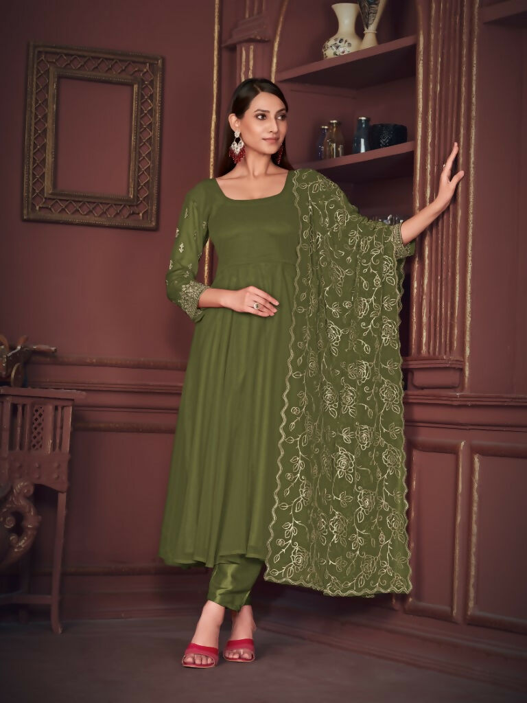 Women's Olive Green Georgette Embroidered Anarkali Kurta Pant Set