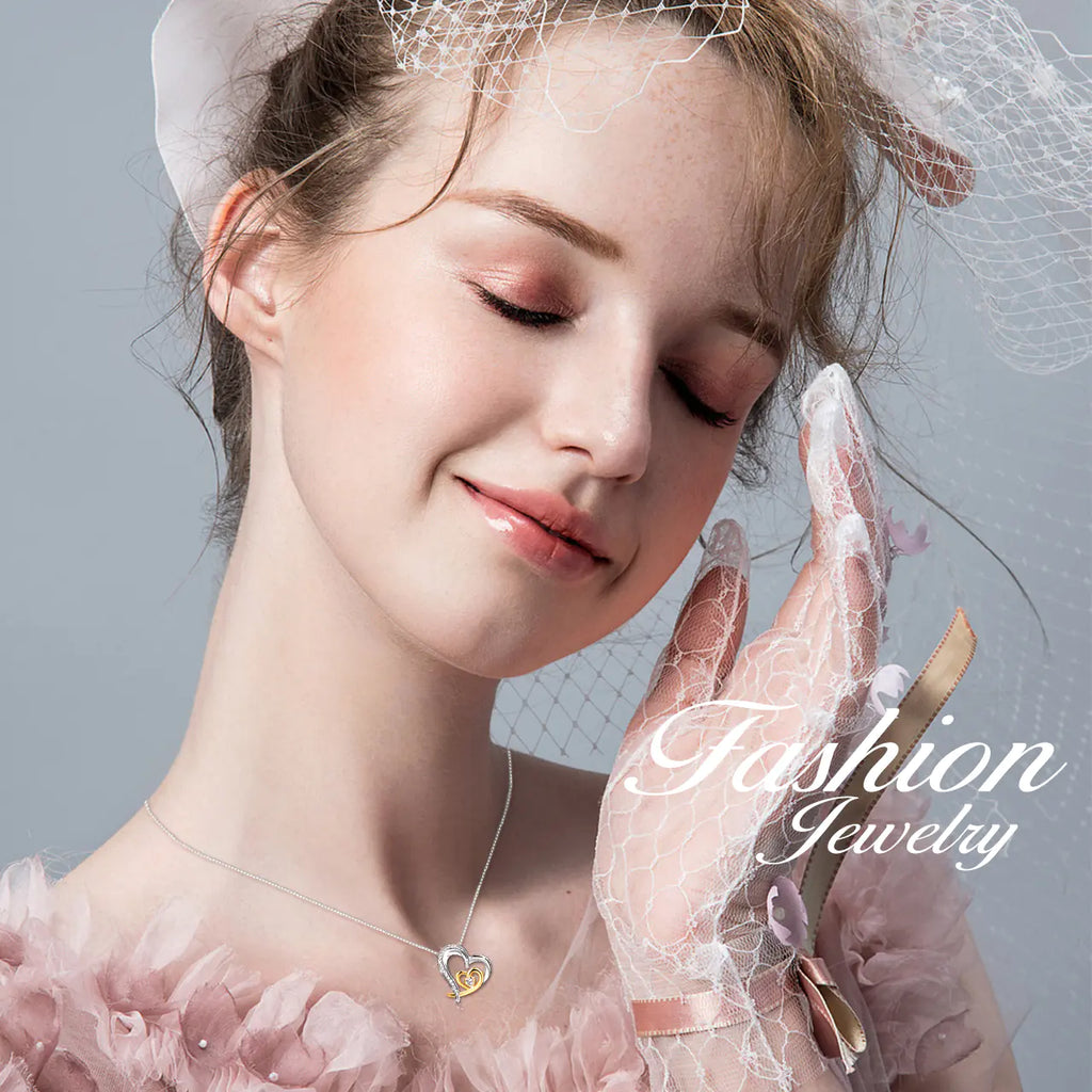 Double Heart Pendant, Gold-Plated Diamond Necklace, 925 Silver