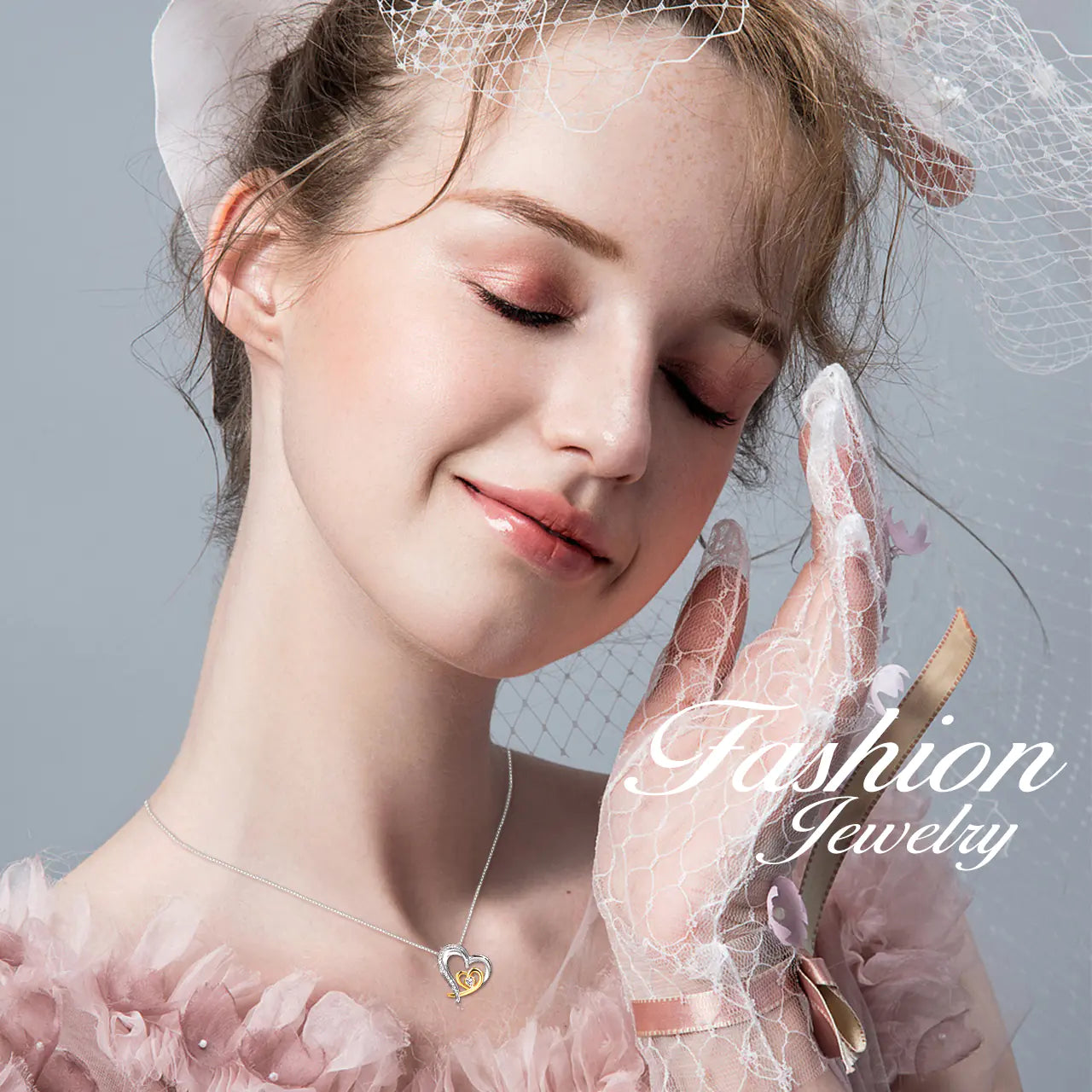 Double Heart Pendant, Gold-Plated Diamond Necklace, 925 Silver