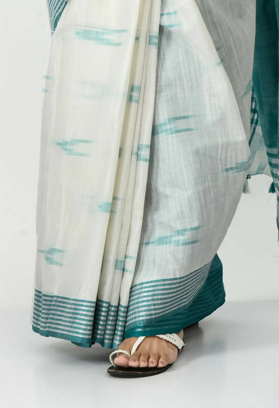 White & Sea Green Bhagalpuri Handloom Ikat Cotton Saree