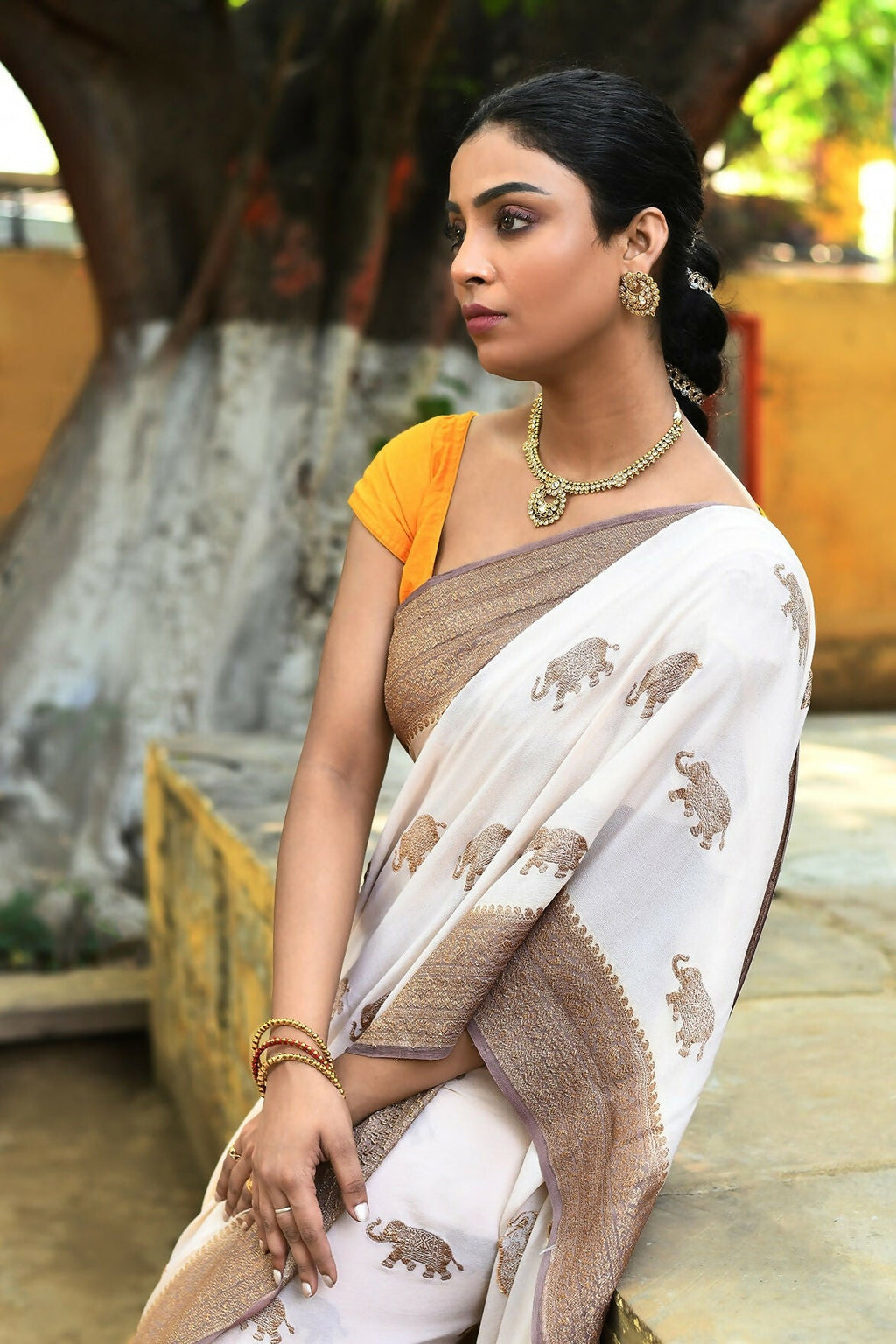 Ivory Crepe Chiffon Pure Handloom Banarasi Silk Saree