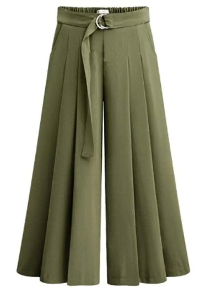Women's Pleated Wide Leg Cropped Pants with Waist Tie - Image 2
