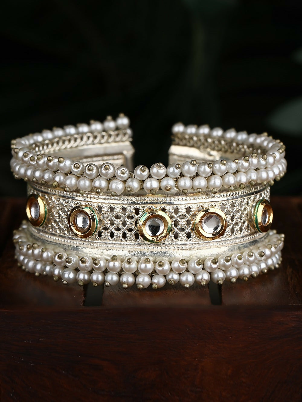 Elegant White Bead Silver Tone Bangle Bracelet for Indian & Indo-Western