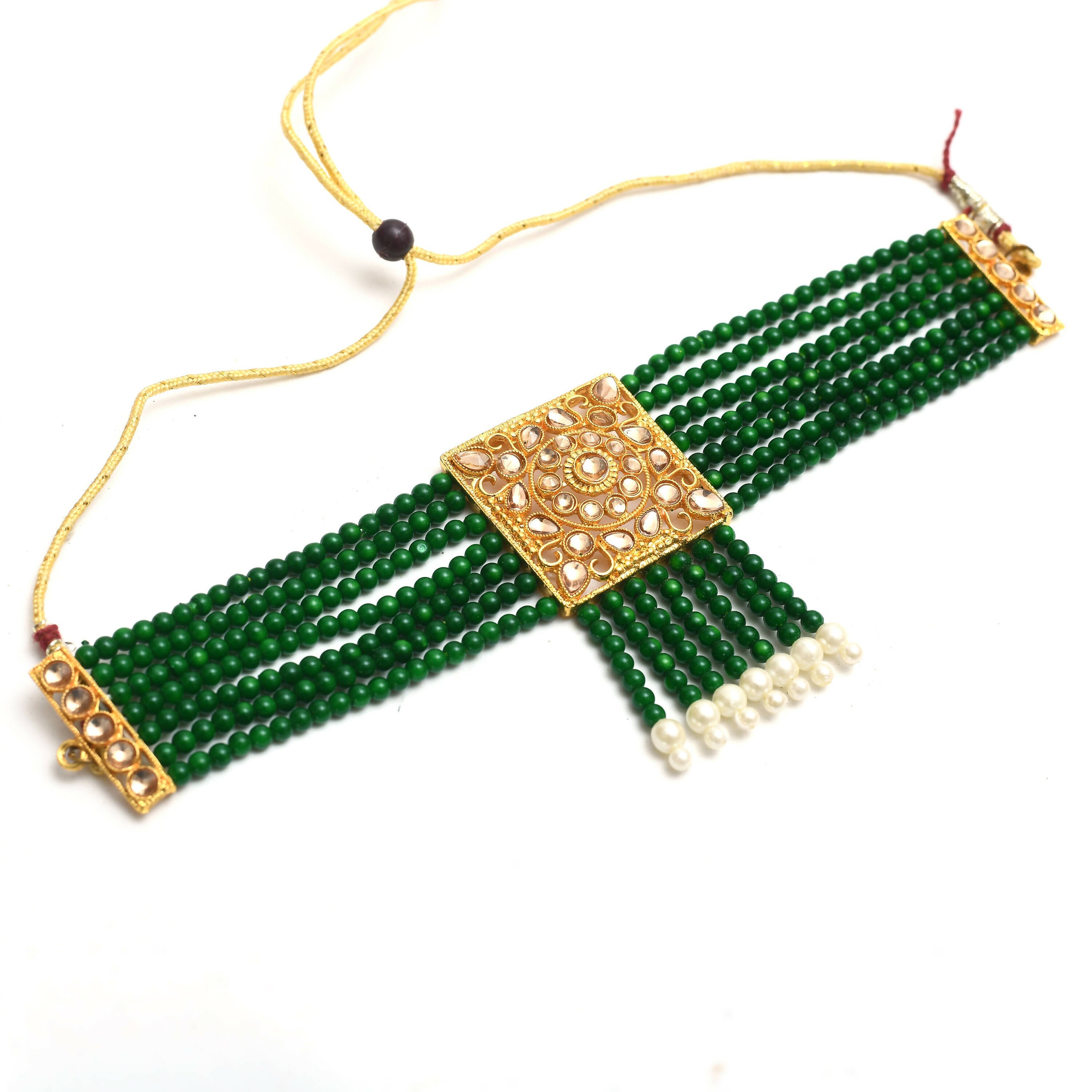 Gold-Polished Kundan & Pearl Choker Necklace Set in Green