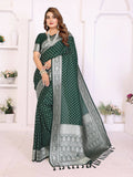 Rich green georgette silk saree with intricate zari weaving patterns.