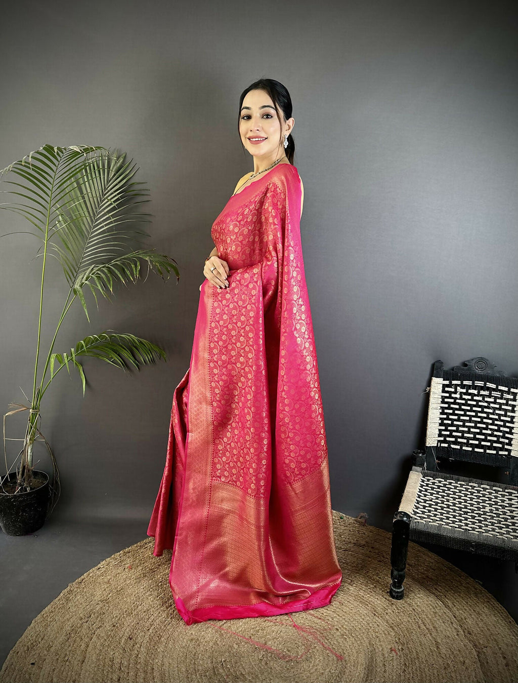 Rani Pink Floral & Paisley Soft Satin Silk Banarasi Saree