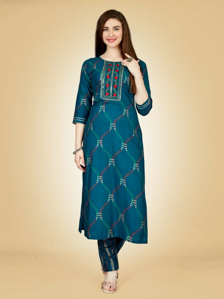 Women's Teal Embroidered Straight Kurta and Pant Set in Rayon