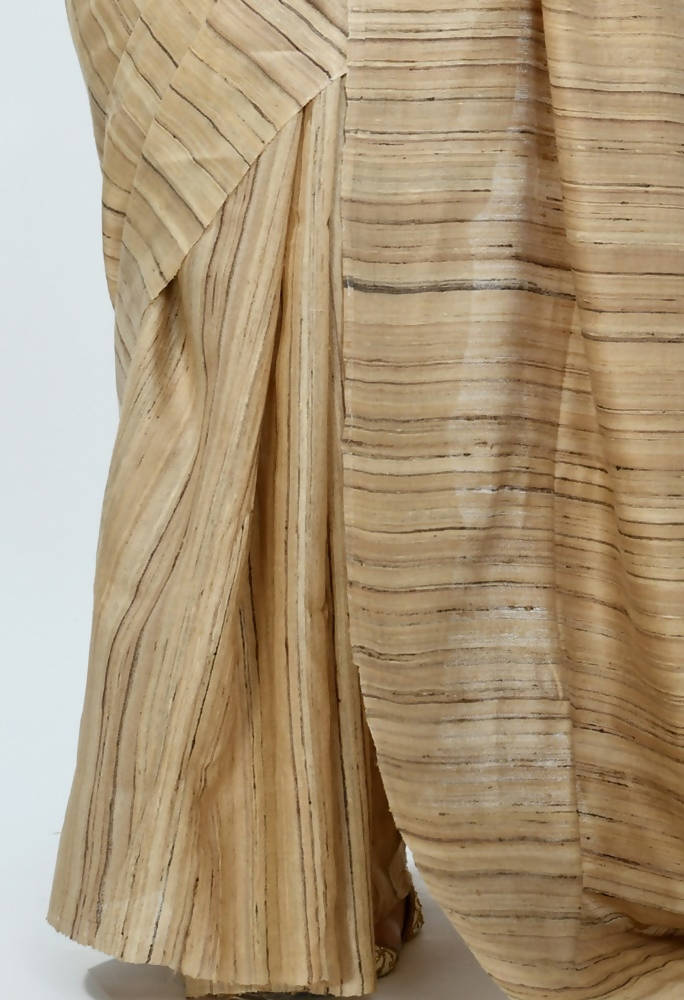 Golden Tussar Silk Saree with Brown Striped Pattern Ethnic Wear