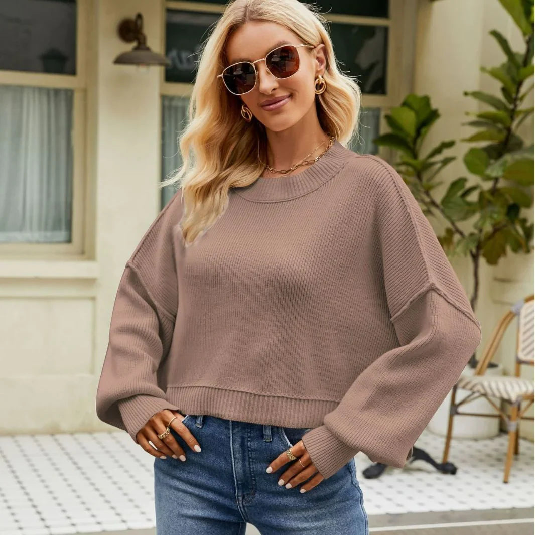 Women Loose Cropped Round Neck Knit Pullover Sweater