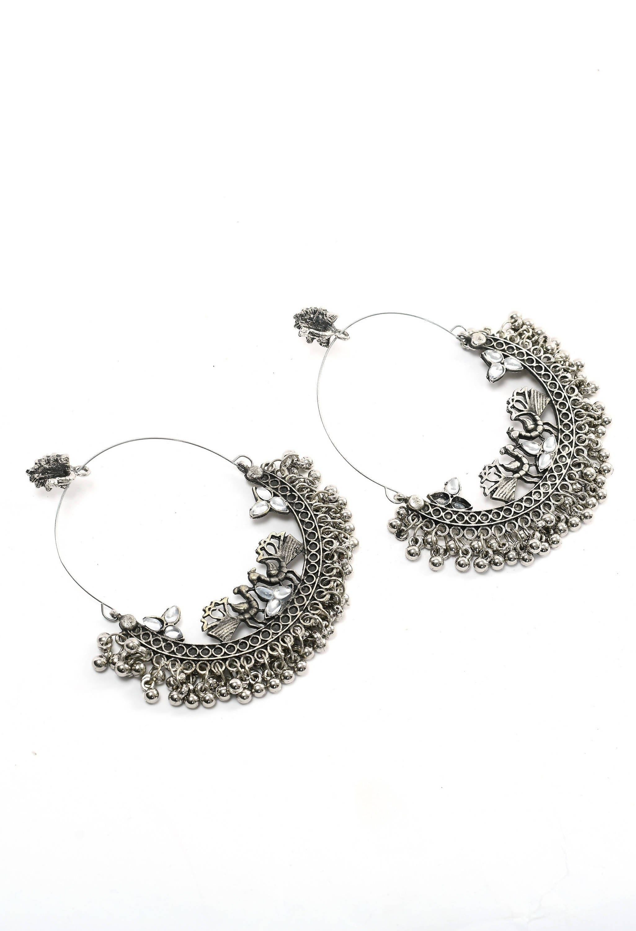 Silver peacock motif Chandbali earrings for women