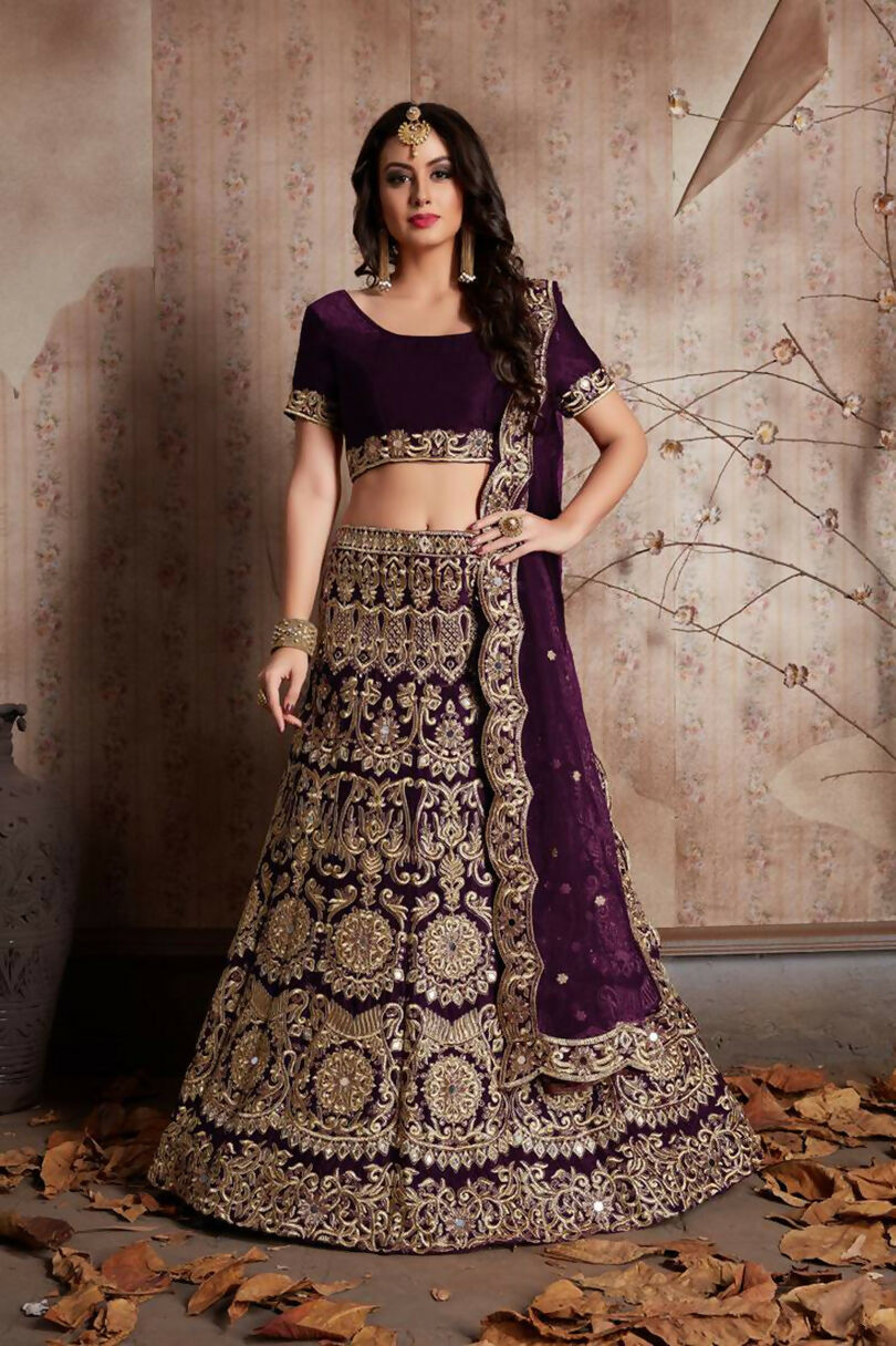 Wine Sequins Embroidered Velvet Lehenga Choli with Mirror Work