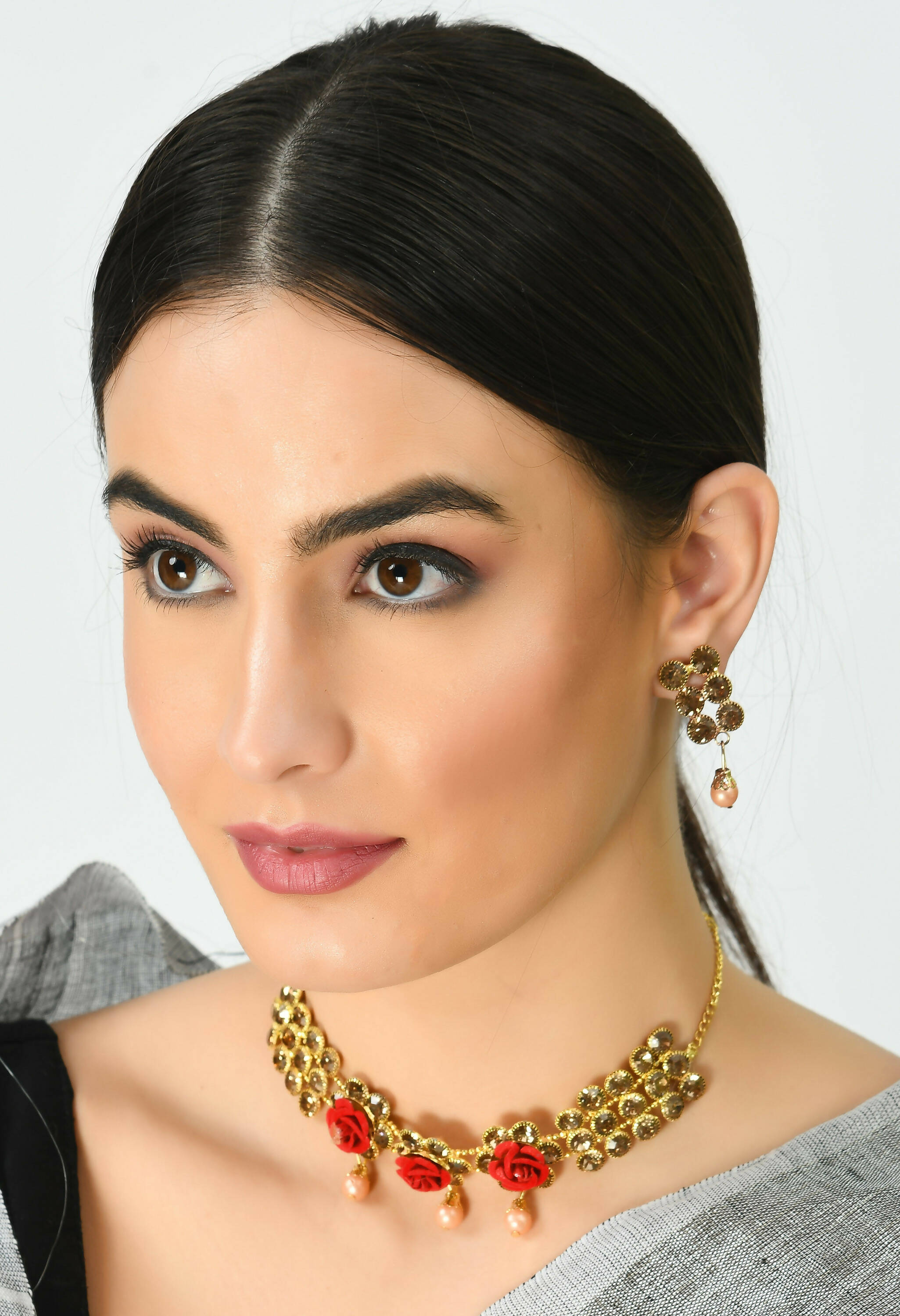 Gold-Polished Brass Stone and Pearl Embellished Choker Necklace