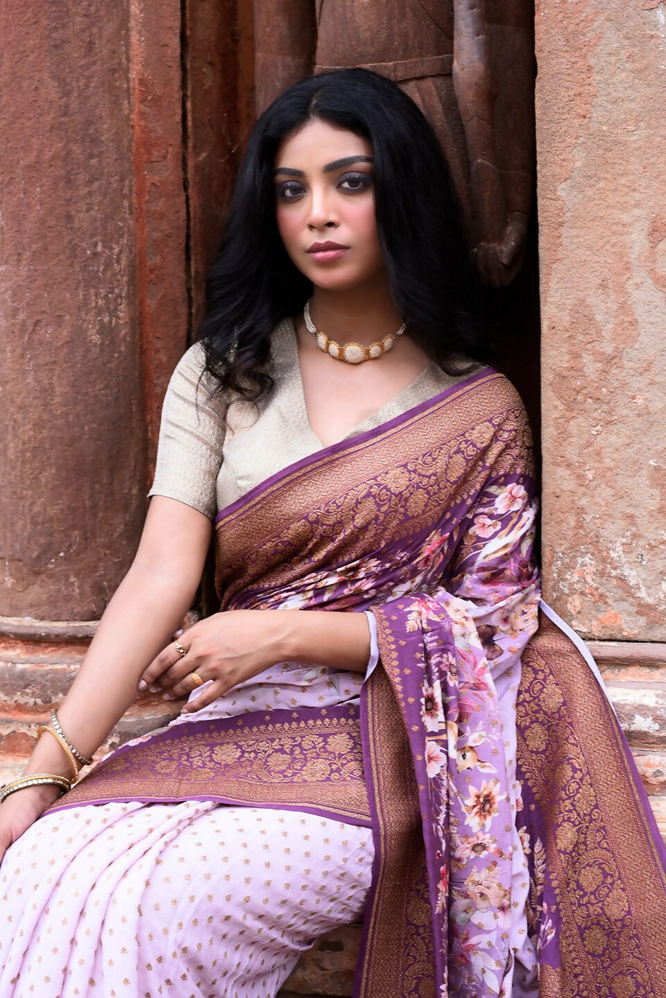 Dark and Light Lilac Crepe Chiffon Banarasi Silk Saree