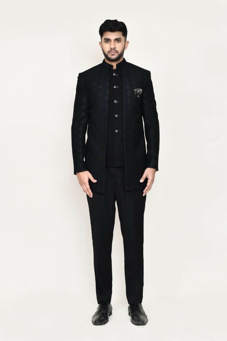 Black Imported Jacquard Prince Coat and Pant Set
