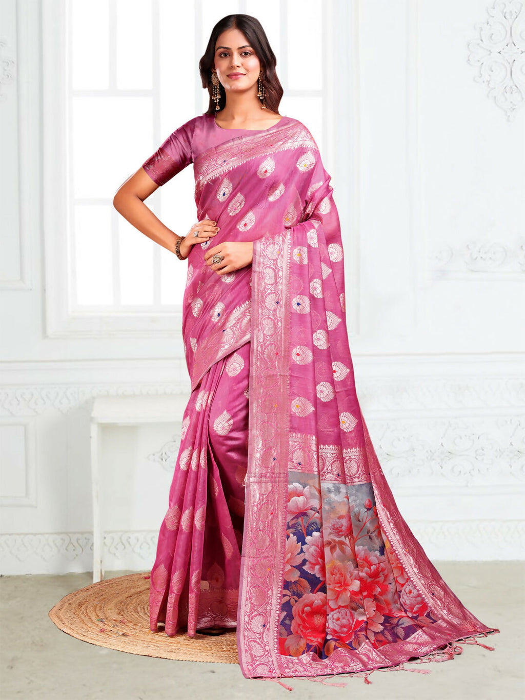 Pink Linen Cotton Saree with Matching Blouse Piece