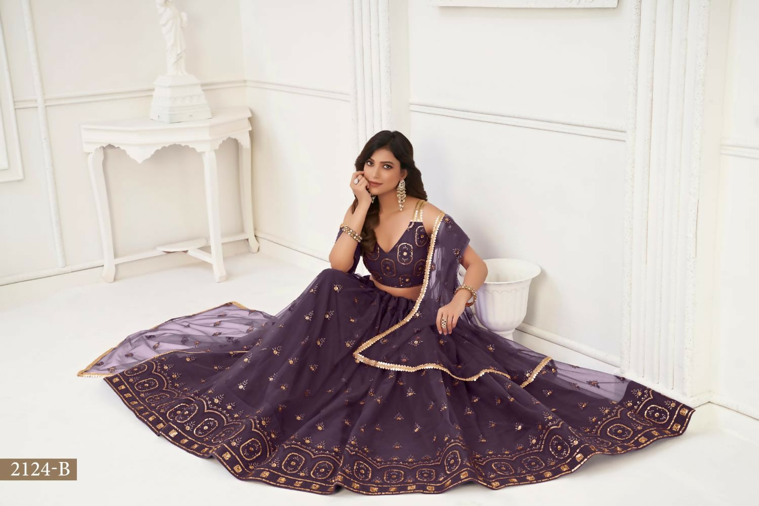 Dusty Wine Butterfly Net Lehenga with Sandwich Sequence Work