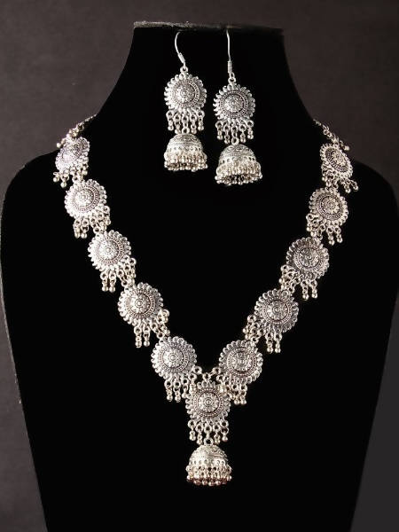 Johar Kamal oxidised silver long necklace set featuring intricate ethnic carvings for women.
