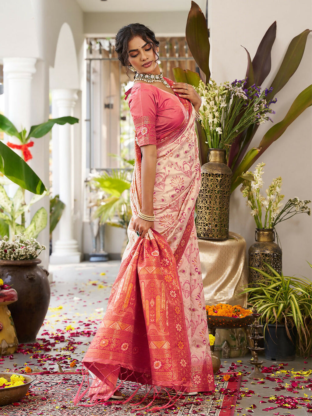 Cream Soft Silk Saree with Contrast Red Blouse Piece