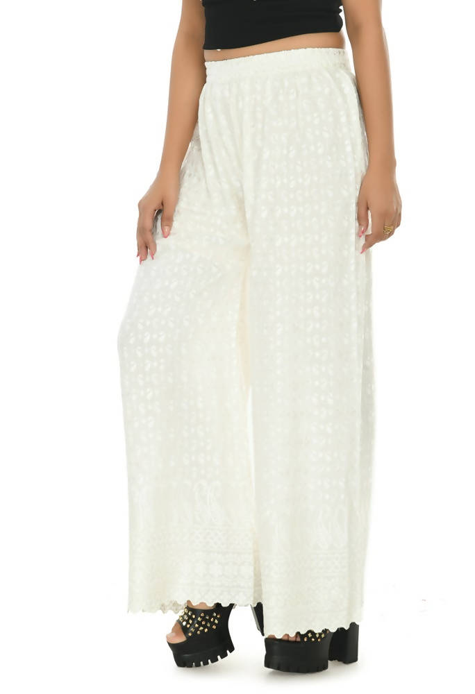 Off White Chikankari Palazzo Pants in Rayon Cotton