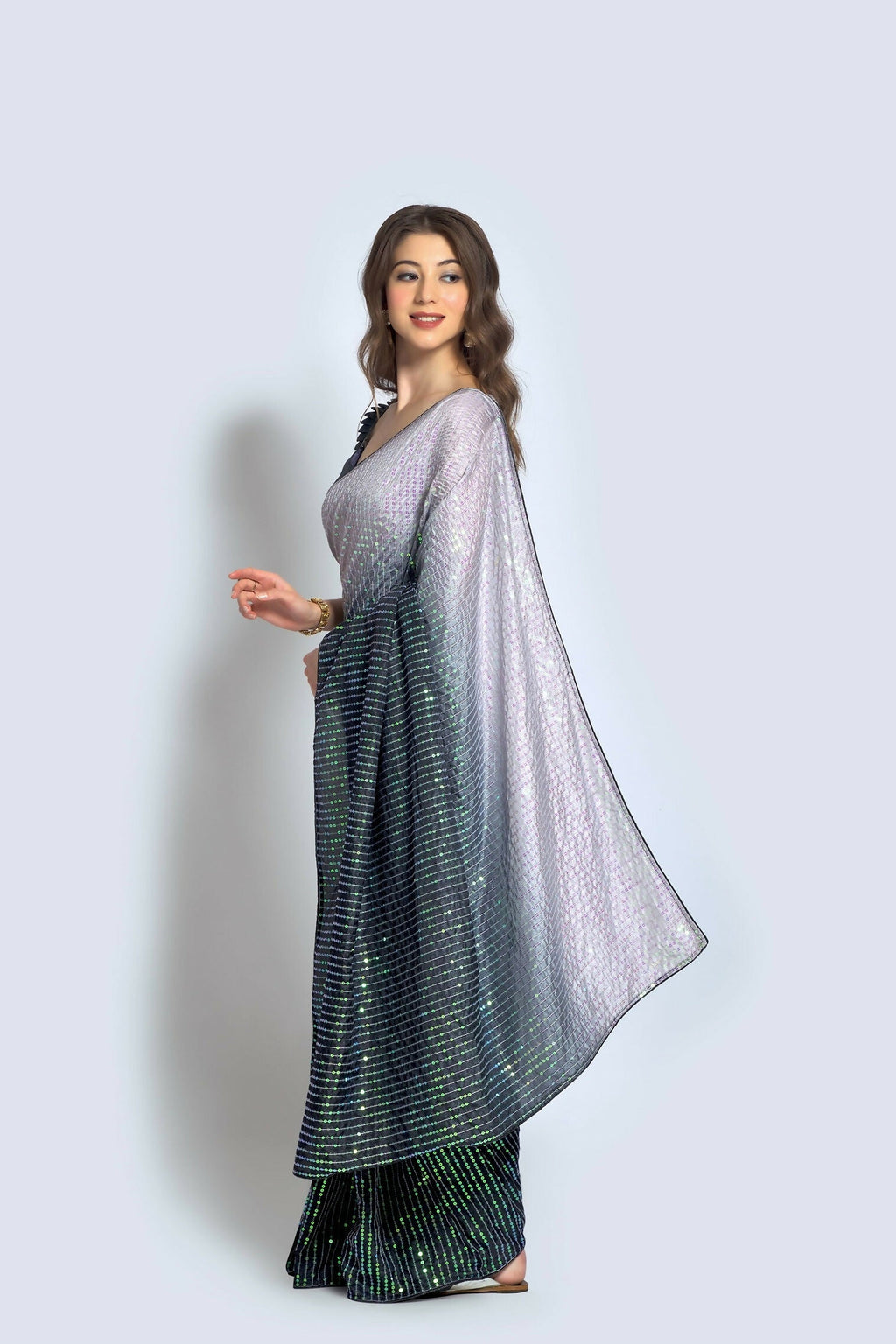 Grey Vichitra Silk Embroidered Party Wear Saree