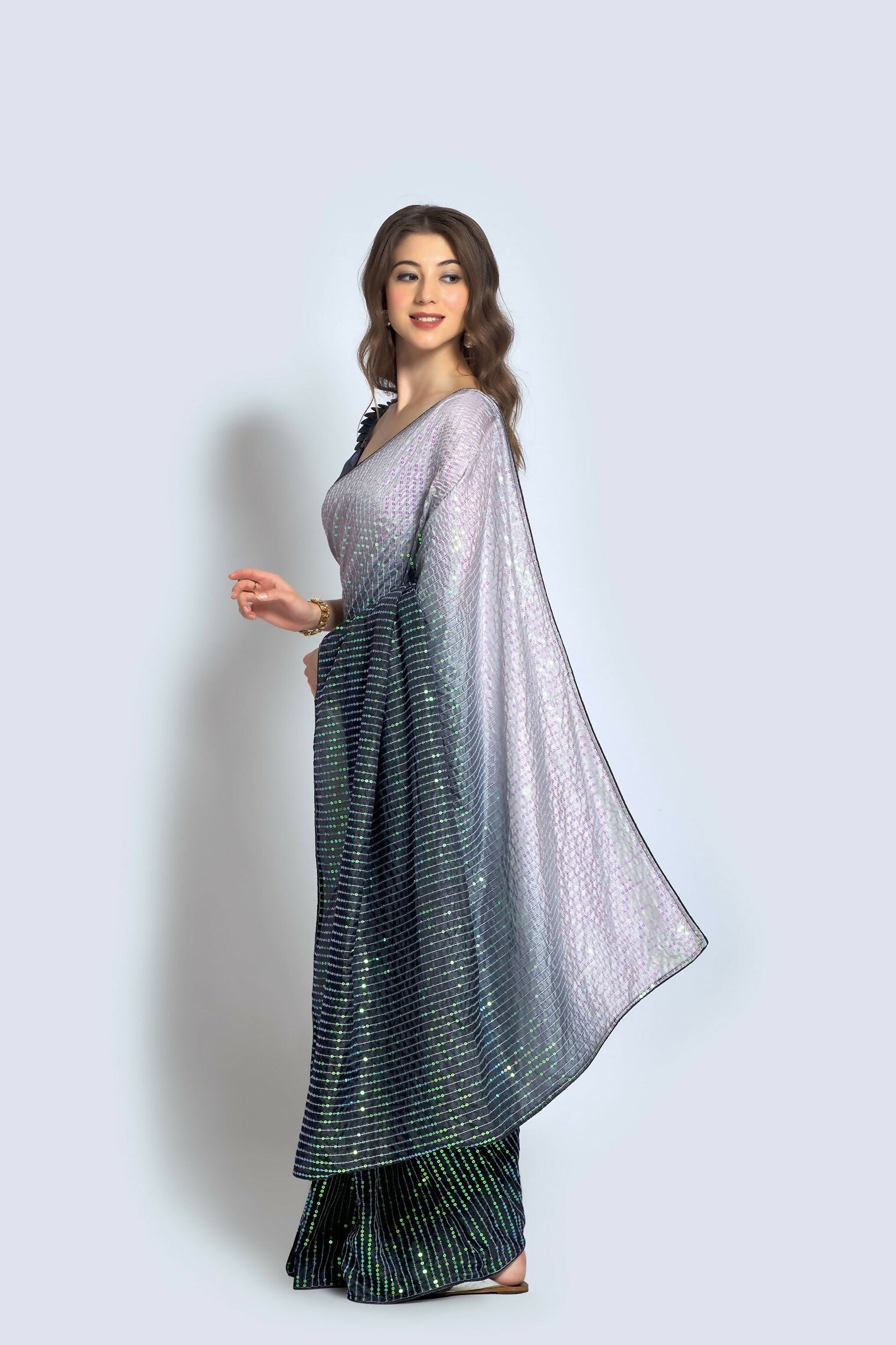 Grey Vichitra Silk Embroidered Party Wear Saree