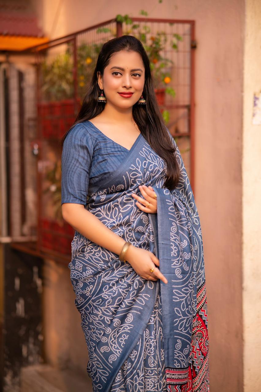 Grey Silk Blend Ajrak Saree with Unstitched Blouse