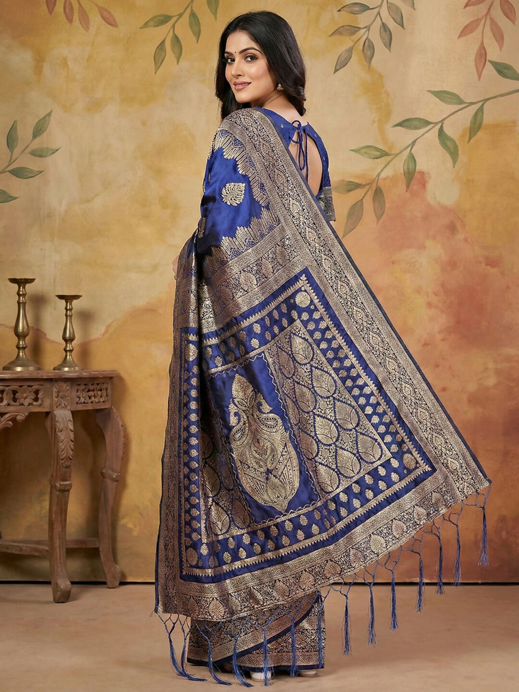 Navy Blue Silk Blend Saree with Matching Blouse Set