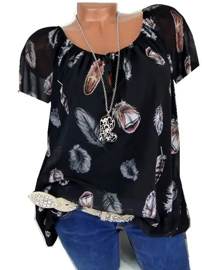 Women's Loose Fit V-Neck Feather Print Blouse Casual Summer Top - Image 20