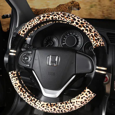 Winter Car Steering Wheel Cover - Plush Leopard Print