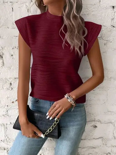 White Textured Wave Pattern Cap Sleeve Top - Image 39