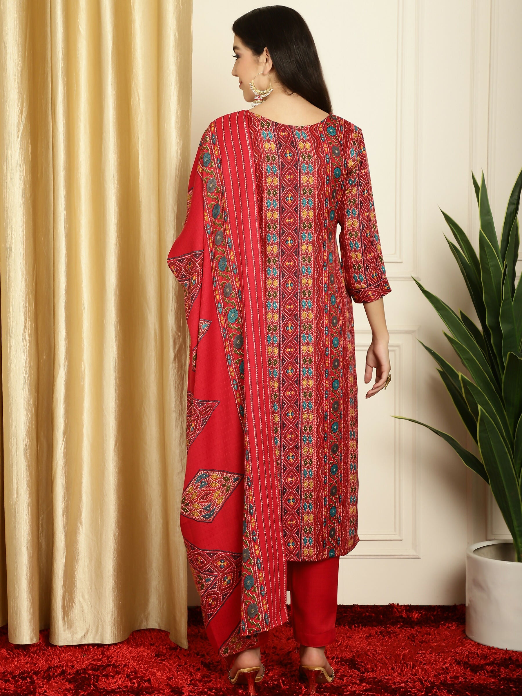 Women's Red Pashmina Floral Digital Printed Kurta Trouser Dupatta Set