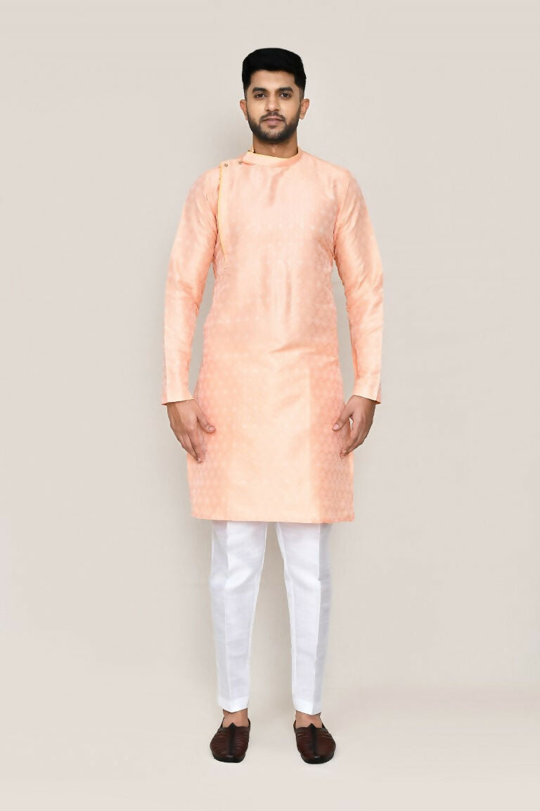 Peach Jacquard Silk Kurta Set with Straight Fit Pants