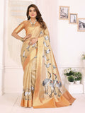 Golden and white Banarasi silk saree with crane detail and traditional border