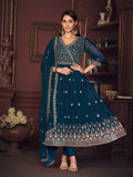 Rama blue georgette floral embroidered Anarkali kurta set