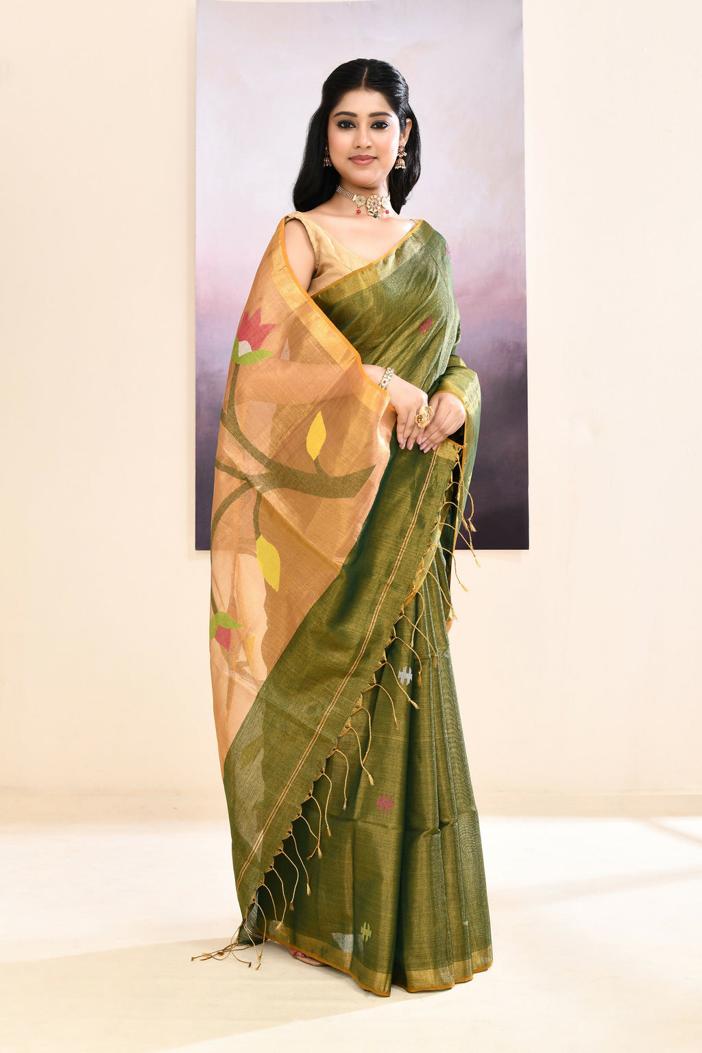 Moss Green Embellished Tissue Jamdani Saree for Elegant Occasions
