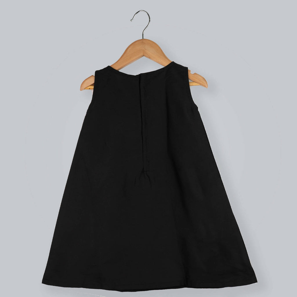 Girls Black Taffeta Dress with Pink and White Flower Appliqué