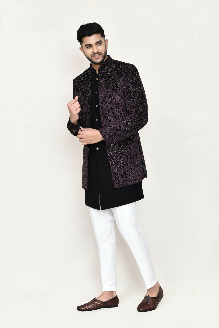 Black Velvet Indo-Western Open Jacket Set with Matching Pants