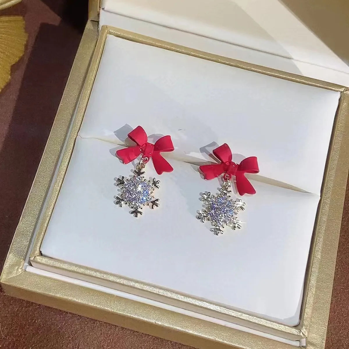 Zircon Snowflake Bow Earrings in Red or Black Winter Jewelry - Image 3