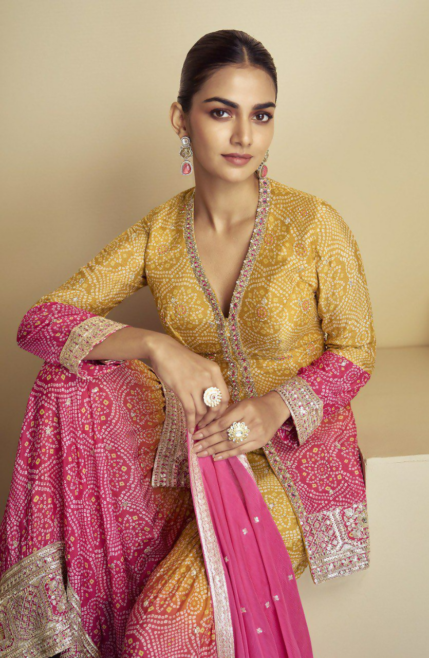 Yellow and Pink Chinon Embroidery Sequins Work Salwar Kameez