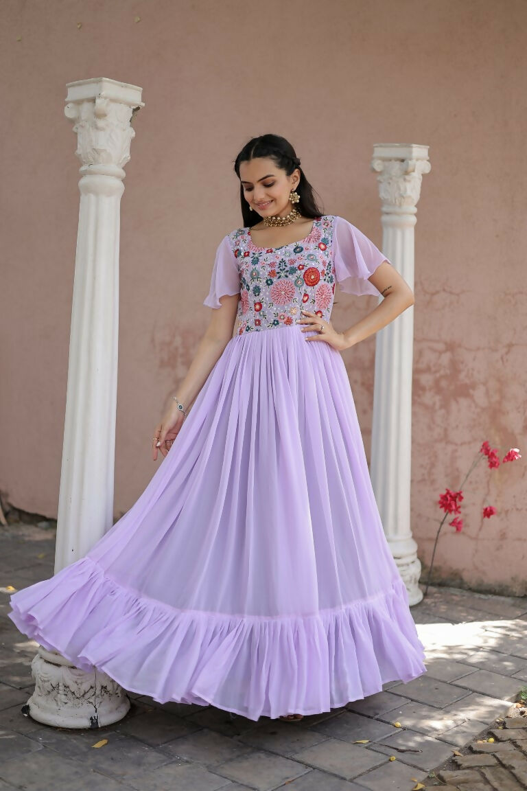 Purple Sequins Embroidered Faux Georgette Anarkali Floor-Length Dress