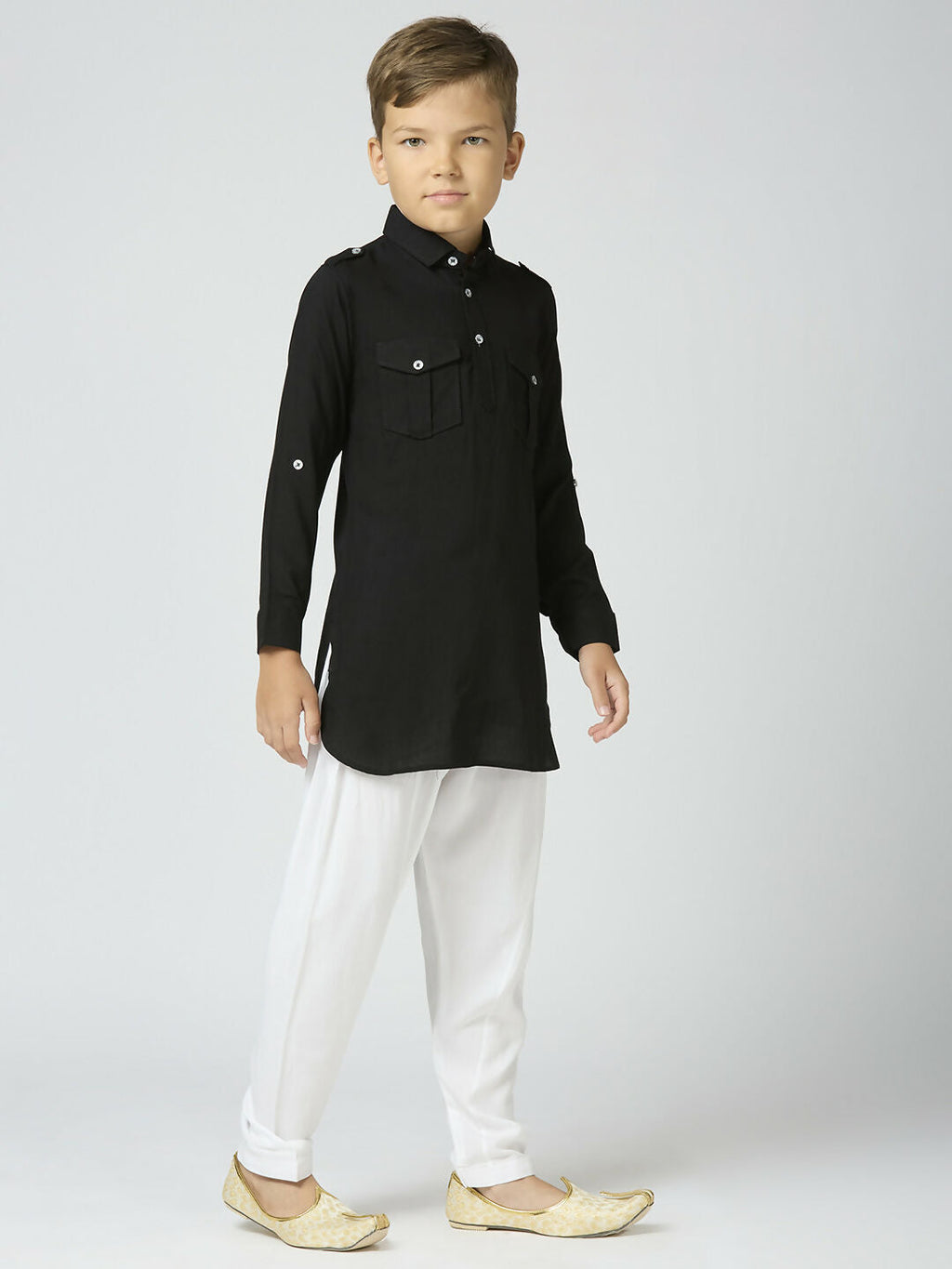 Boys Black Cotton Pathani Kurta and Pyjama Set
