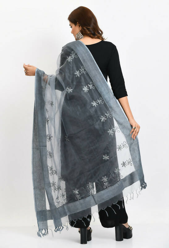 Grey Organza Dupatta with All Over Chikan Embroidery Work