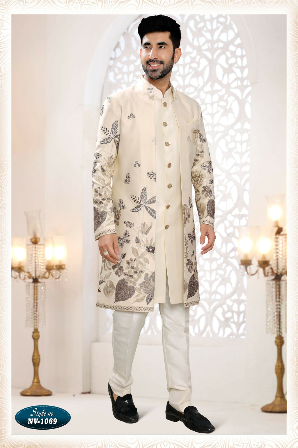 Men's cream Malai Silk 3-piece kurta set featuring detailed thread and sequence embroidery
