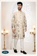 Men's cream Malai Silk 3-piece kurta set featuring detailed thread and sequence embroidery